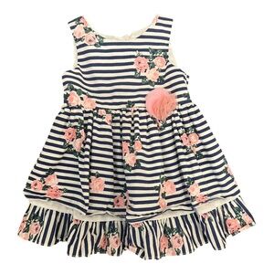 Mia & Mimi Navy Stripe Floral Dress with Tulle Flower, 18M Girls Baby Toddler
